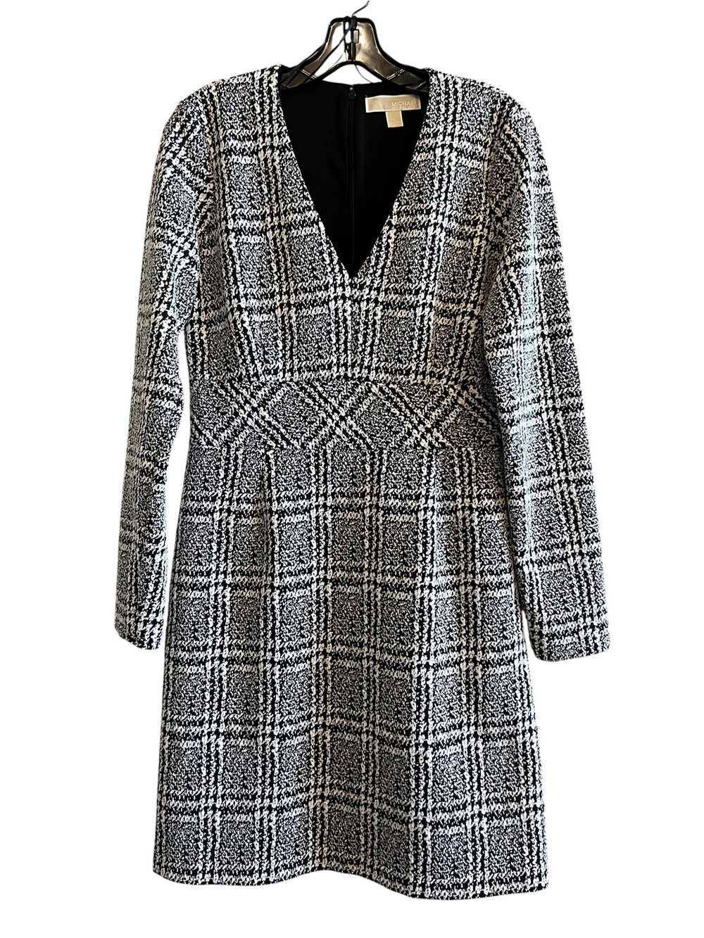 Michael Kors Black & White Plaid V‑Neck Long Sleeve Mini Dress